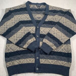 Jantzen Cardigan Sweater Mens XL‎ Gray Blue Striped Acrylic Grandpa